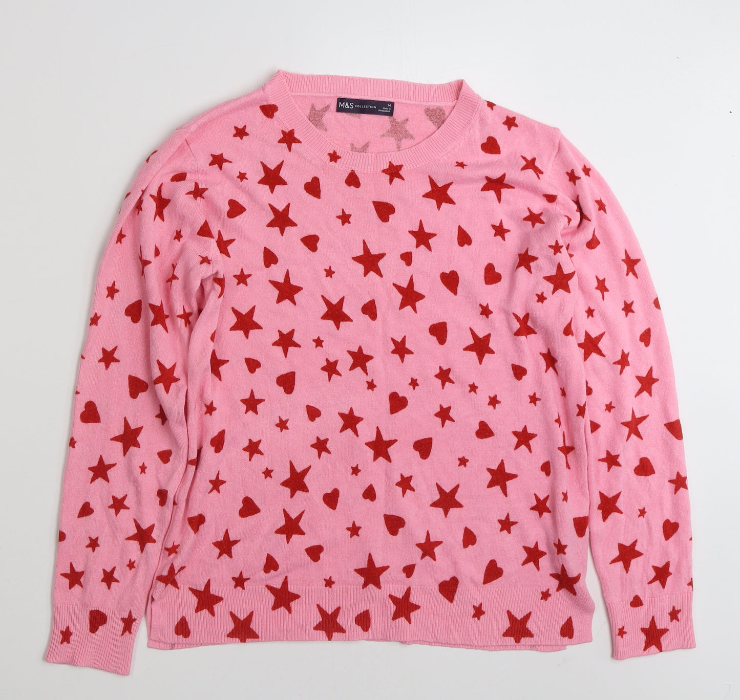 Marks and Spencer Womens Pink Crew Neck Geometric Acrylic Pullover Jumper Size 14