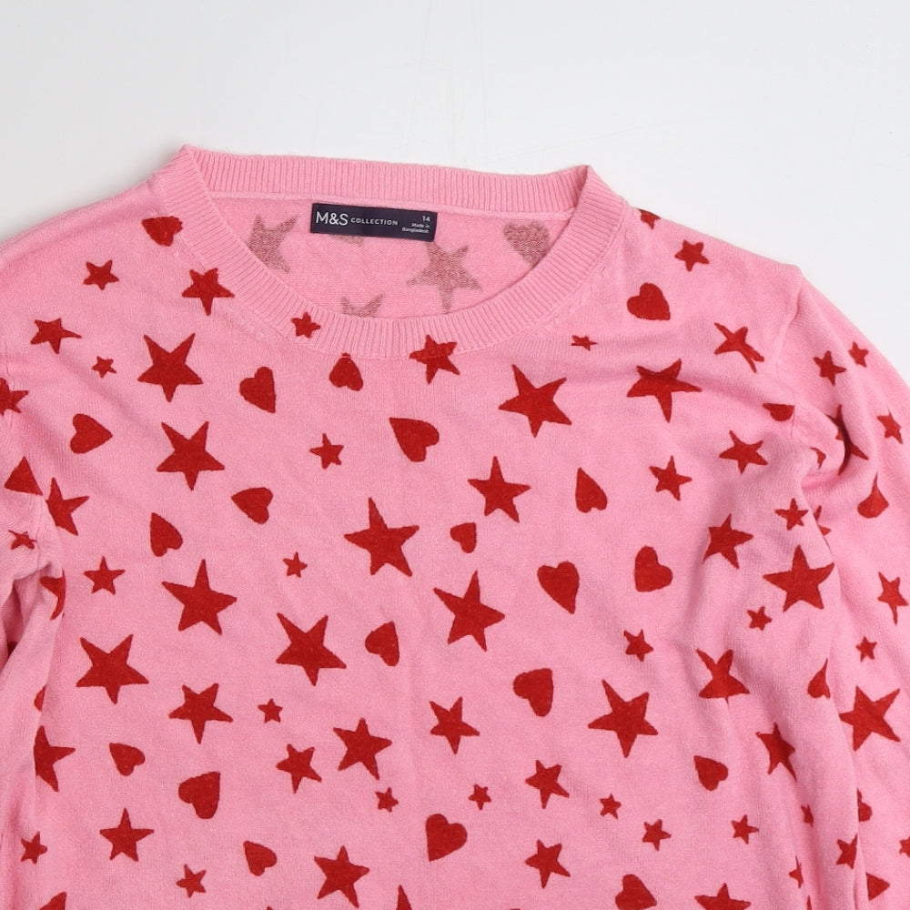 Marks and Spencer Womens Pink Crew Neck Geometric Acrylic Pullover Jumper Size 14