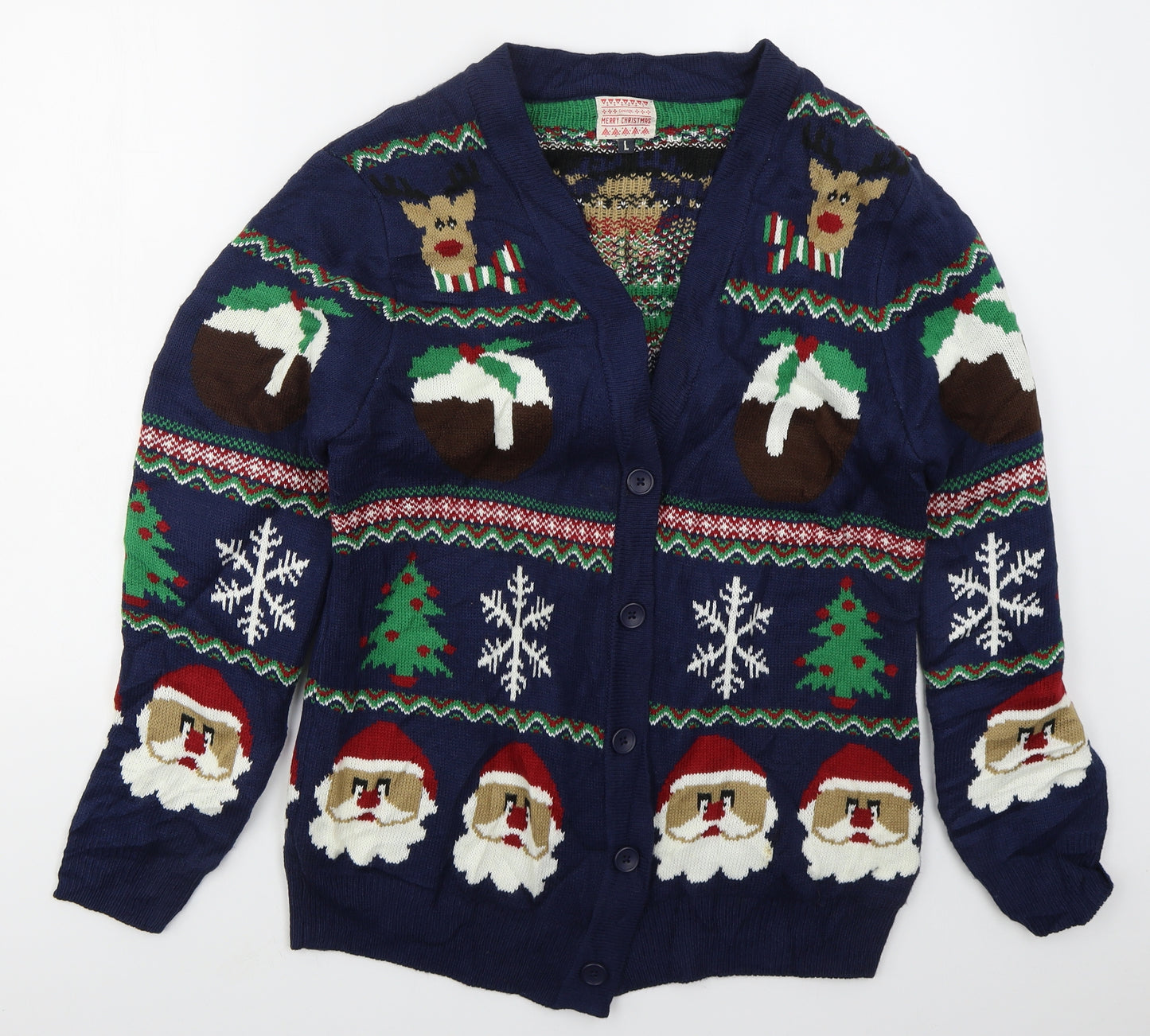 George Mens Blue V-Neck  Acrylic Cardigan Jumper Size L   - Christmas Prints