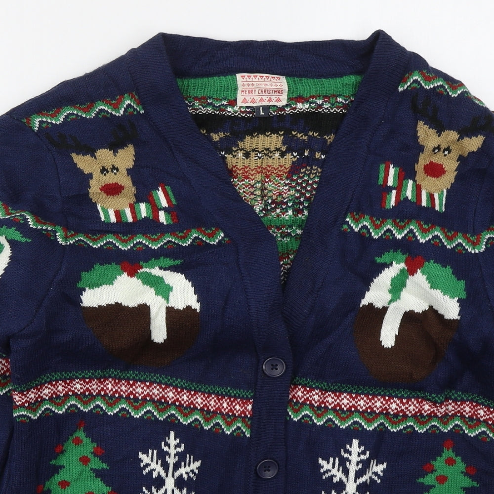 George Mens Blue V-Neck  Acrylic Cardigan Jumper Size L   - Christmas Prints