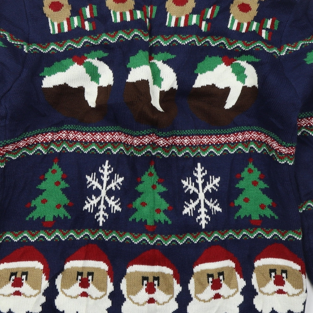 George Mens Blue V-Neck  Acrylic Cardigan Jumper Size L   - Christmas Prints