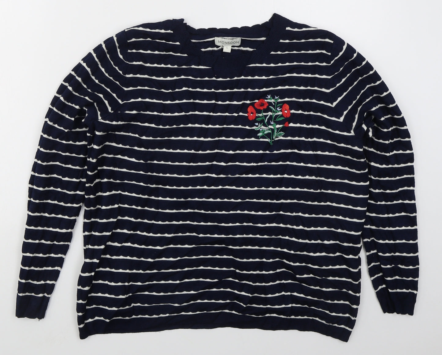 Monsoon Womens Blue Crew Neck Striped Viscose Pullover Jumper Size L   - Flowers