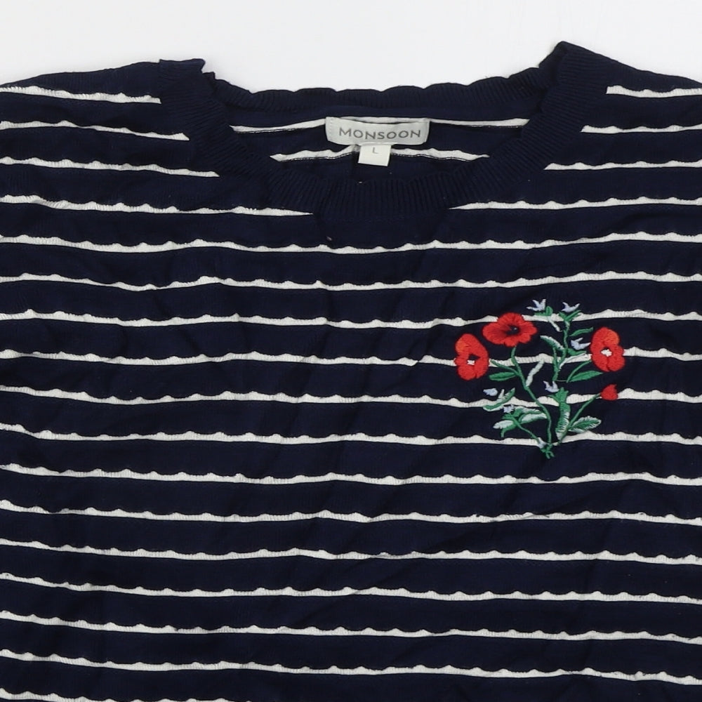 Monsoon Womens Blue Crew Neck Striped Viscose Pullover Jumper Size L   - Flowers