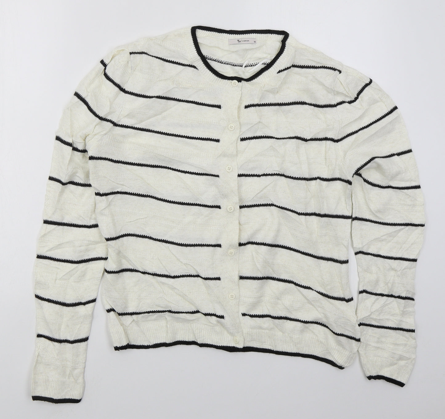 TU Womens White Crew Neck Striped Acrylic Cardigan Jumper Size 10