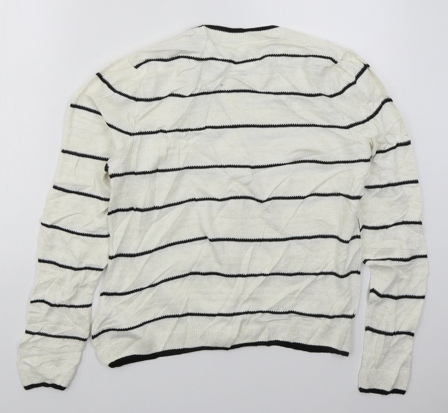 TU Womens White Crew Neck Striped Acrylic Cardigan Jumper Size 10