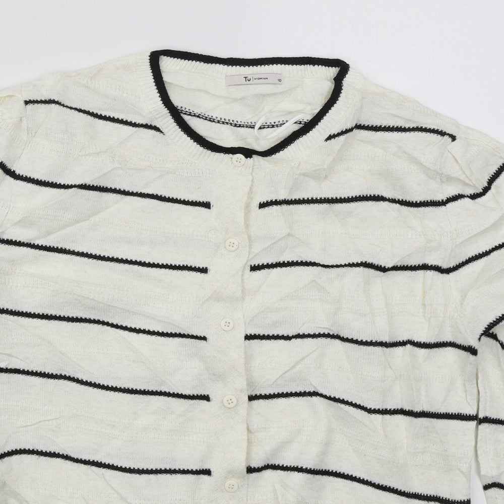 TU Womens White Crew Neck Striped Acrylic Cardigan Jumper Size 10