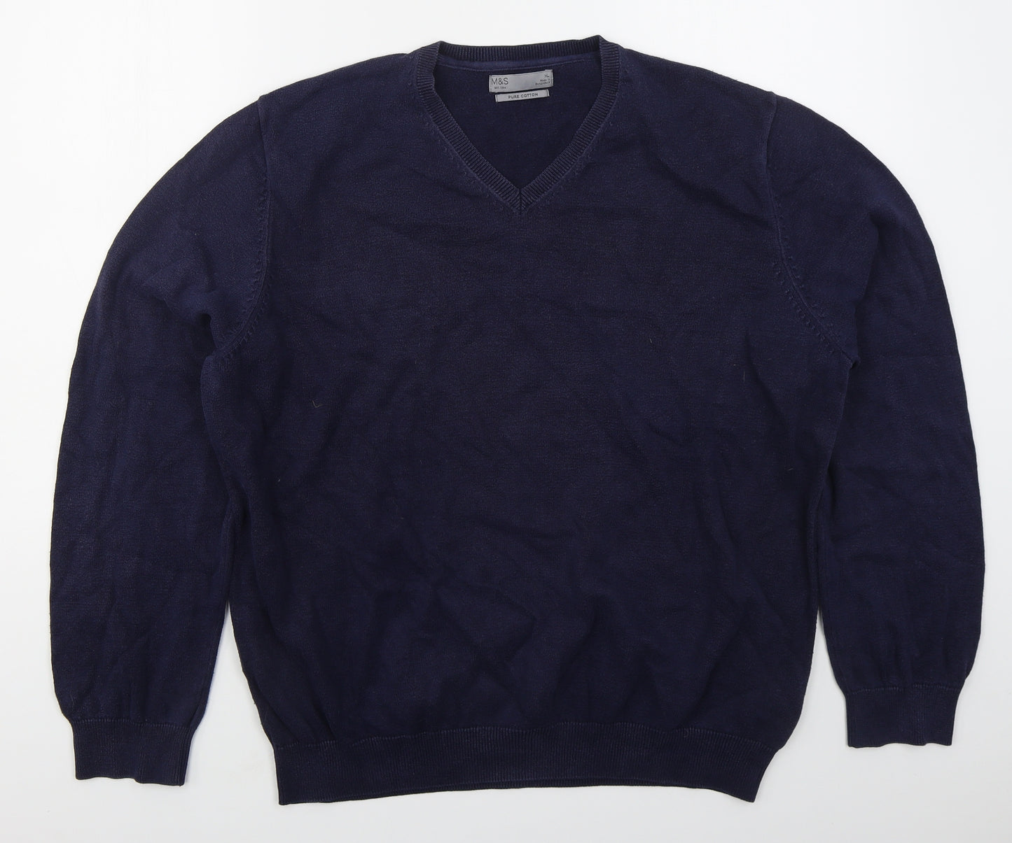 Marks and Spencer Mens Blue V-Neck  Cotton Pullover Jumper Size XL