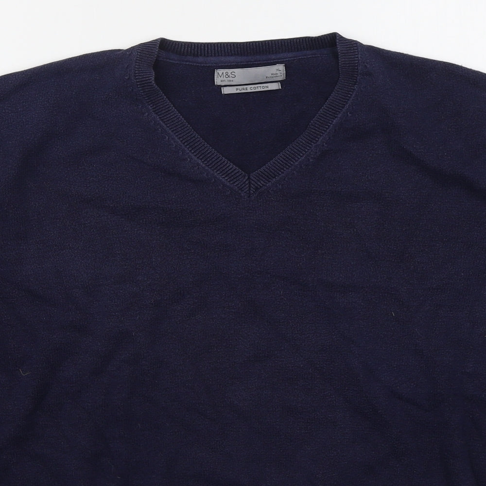 Marks and Spencer Mens Blue V-Neck  Cotton Pullover Jumper Size XL