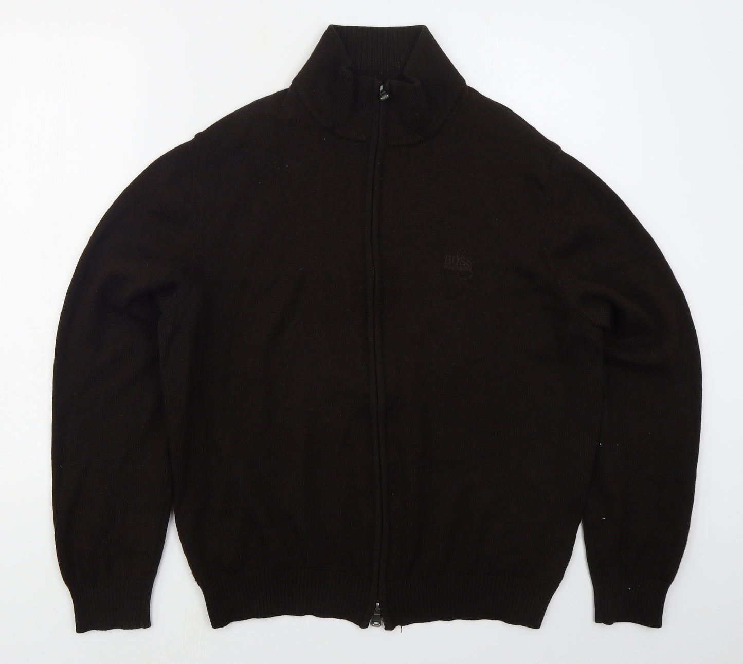 HUGO BOSS Mens Brown Mock Neck  Wool Full Zip Jumper Size L