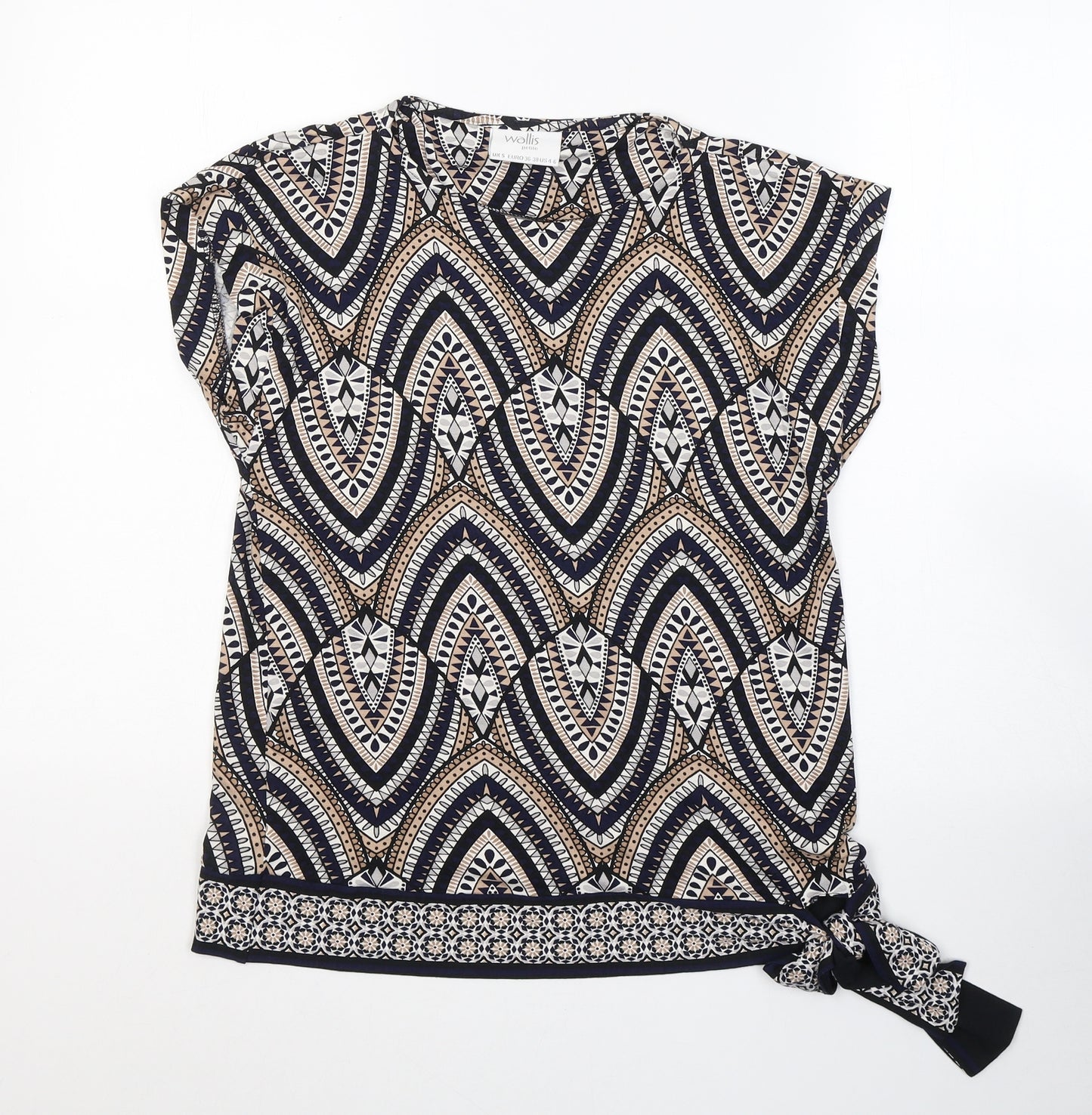 Wallis Womens Beige Geometric Cotton Basic Blouse Size S Round Neck - tie detail