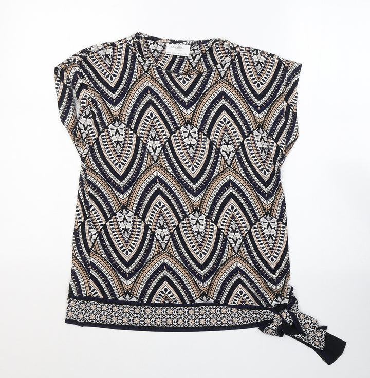 Wallis Womens Beige Geometric Cotton Basic Blouse Size S Round Neck - tie detail