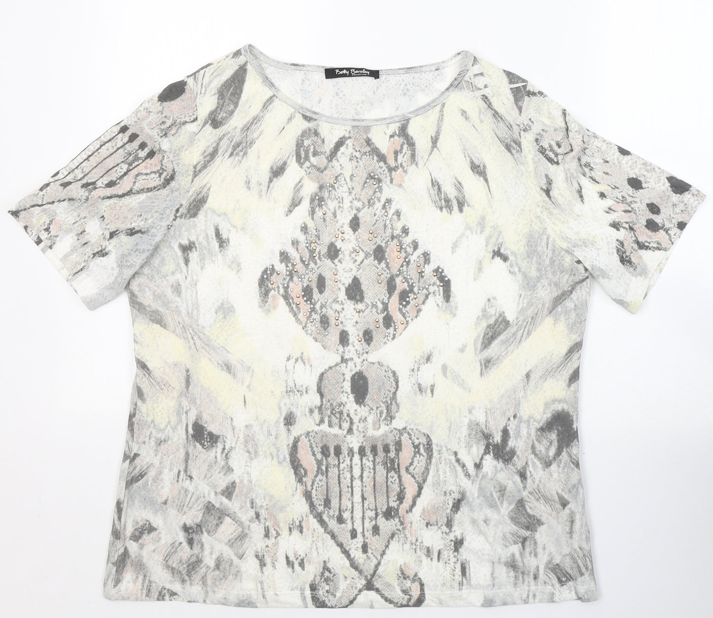 Betty Barclay Womens Grey Geometric Cotton Basic T-Shirt Size 18 Round Neck