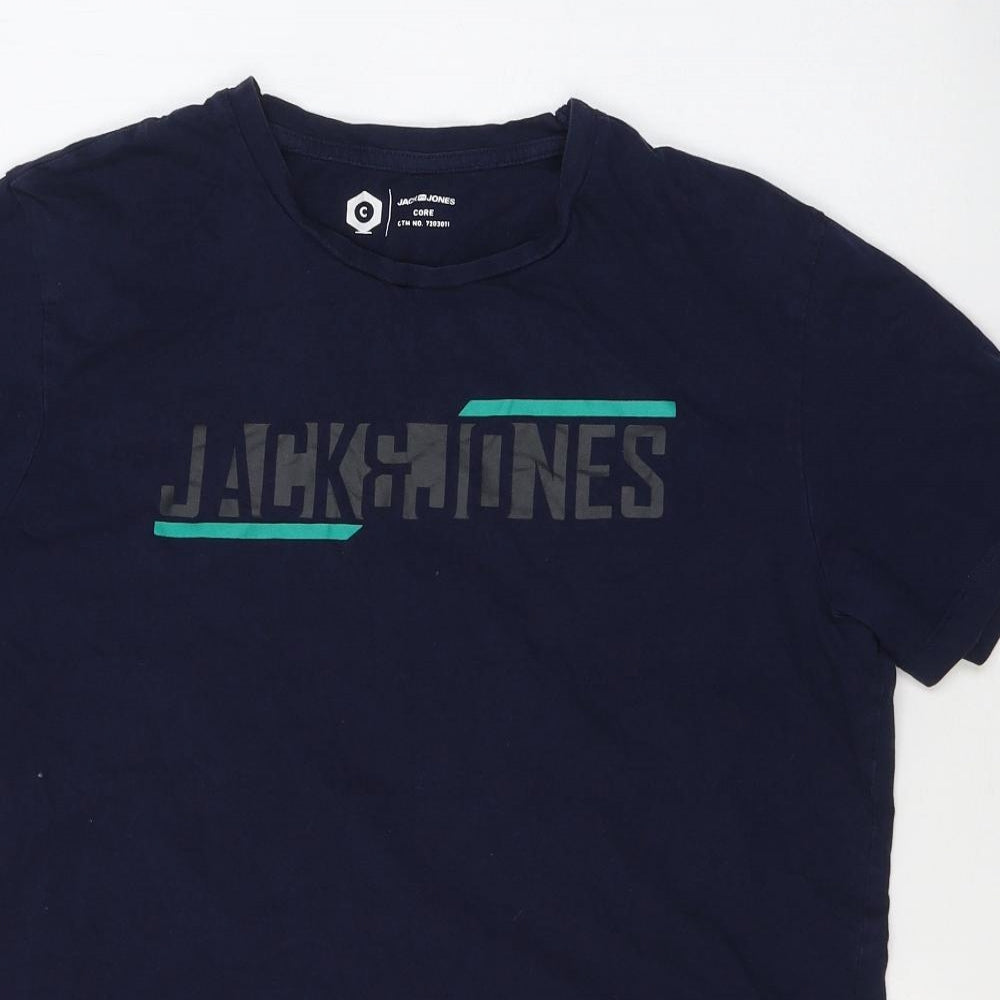 JACK & JONES Mens Blue  Cotton  T-Shirt Size L Round Neck