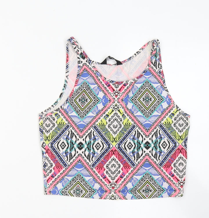 New Look Womens Multicoloured Geometric Cotton Cropped Tank Size 10 Round Neck