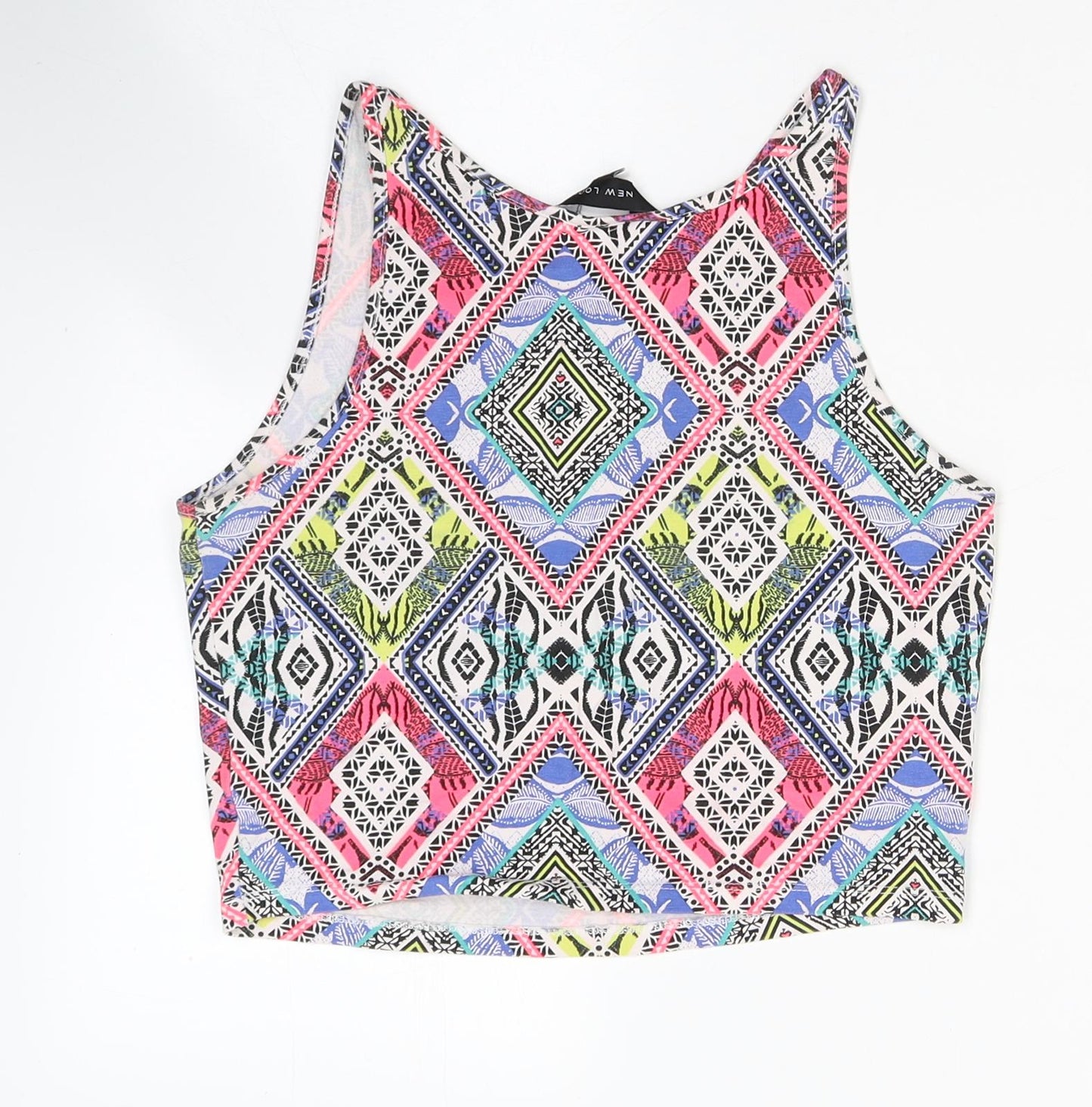 New Look Womens Multicoloured Geometric Cotton Cropped Tank Size 10 Round Neck