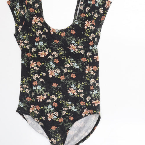 Miss Selfridge Womens Black Floral Cotton Bodysuit One-Piece Size 10  Button