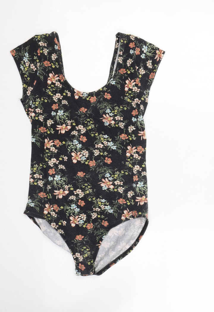 Miss Selfridge Womens Black Floral Cotton Bodysuit One-Piece Size 10 Button
