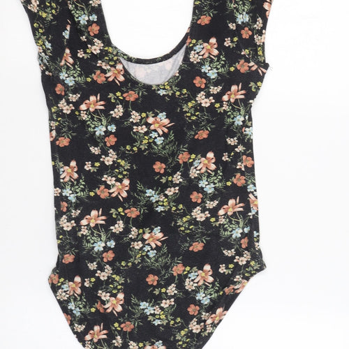 Miss Selfridge Womens Black Floral Cotton Bodysuit One-Piece Size 10  Button