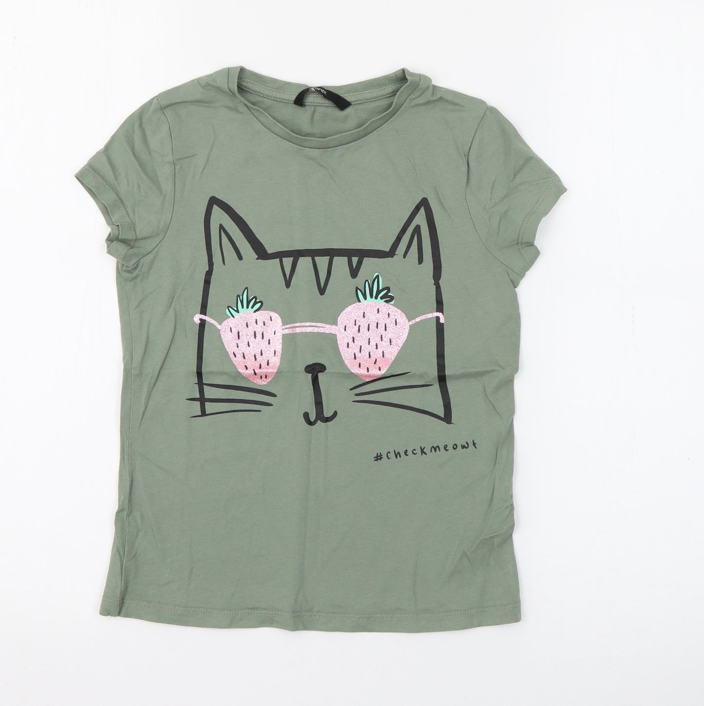 George Girls Green  Cotton Pullover T-Shirt Size 8-9 Years Crew Neck