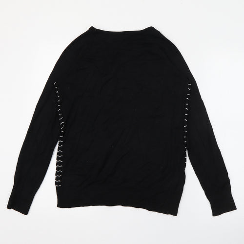 F&F Womens Black Crew Neck Striped Viscose Pullover Jumper Size 12