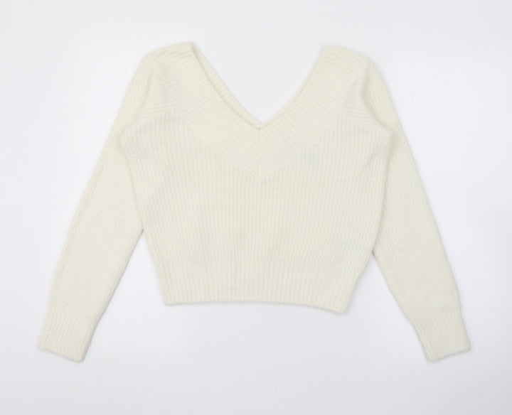 H&M Womens White V-Neck Polyamide Pullover Jumper Size M