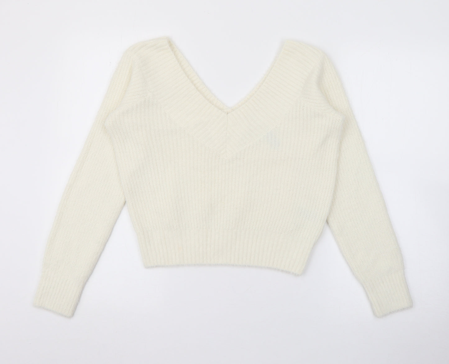H&M Womens White V-Neck  Polyamide Pullover Jumper Size M