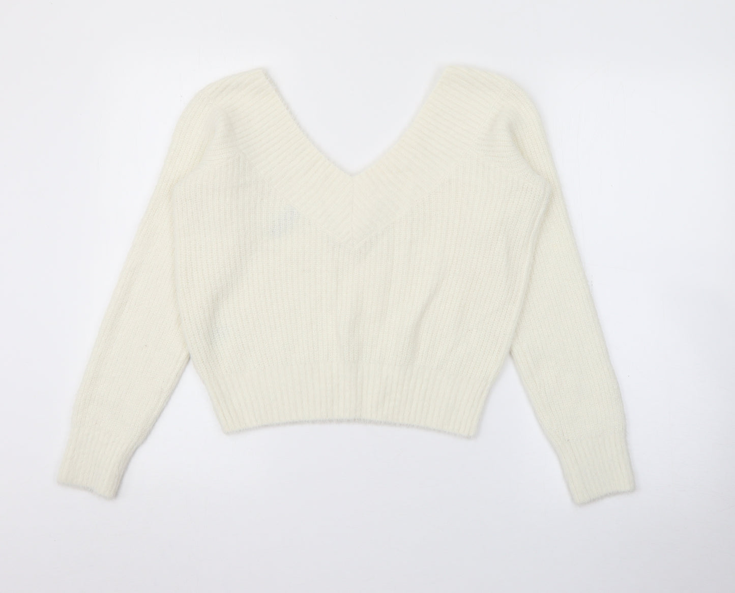 H&M Womens White V-Neck  Polyamide Pullover Jumper Size M
