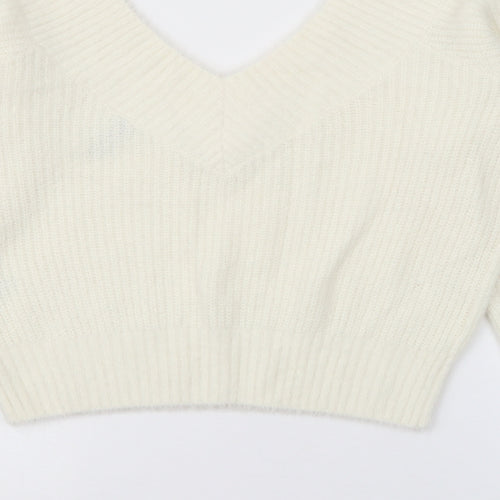 H&M Womens White V-Neck  Polyamide Pullover Jumper Size M