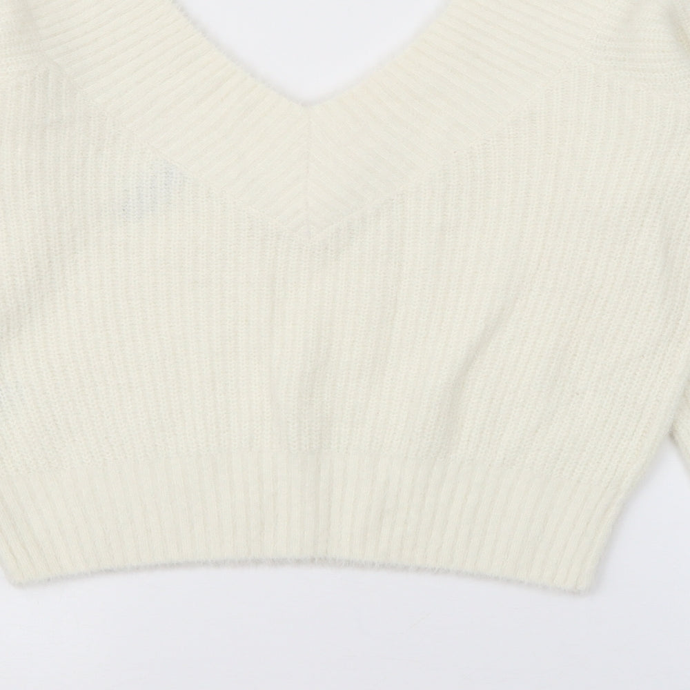 H&M Womens White V-Neck  Polyamide Pullover Jumper Size M