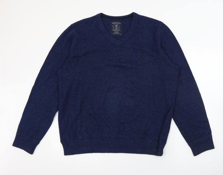 American Eagle Outfitters Mens Blue V-Neck Cotton Pullover Jumper Size L
