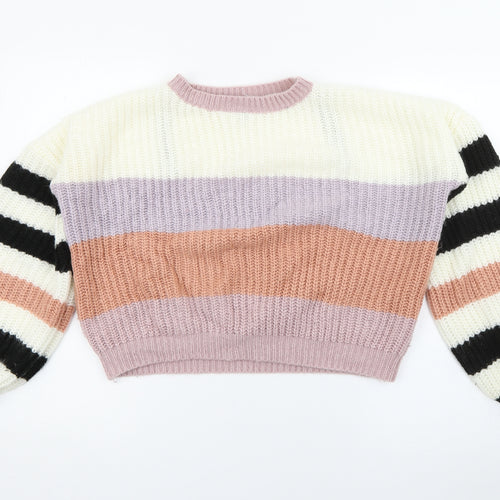 Missguided Womens Multicoloured Crew Neck Striped Acrylic Pullover Jumper Size 8