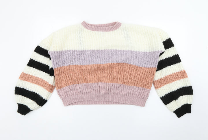 Missguided Womens Multicoloured Crew Neck Striped Acrylic Pullover Jumper Size 8