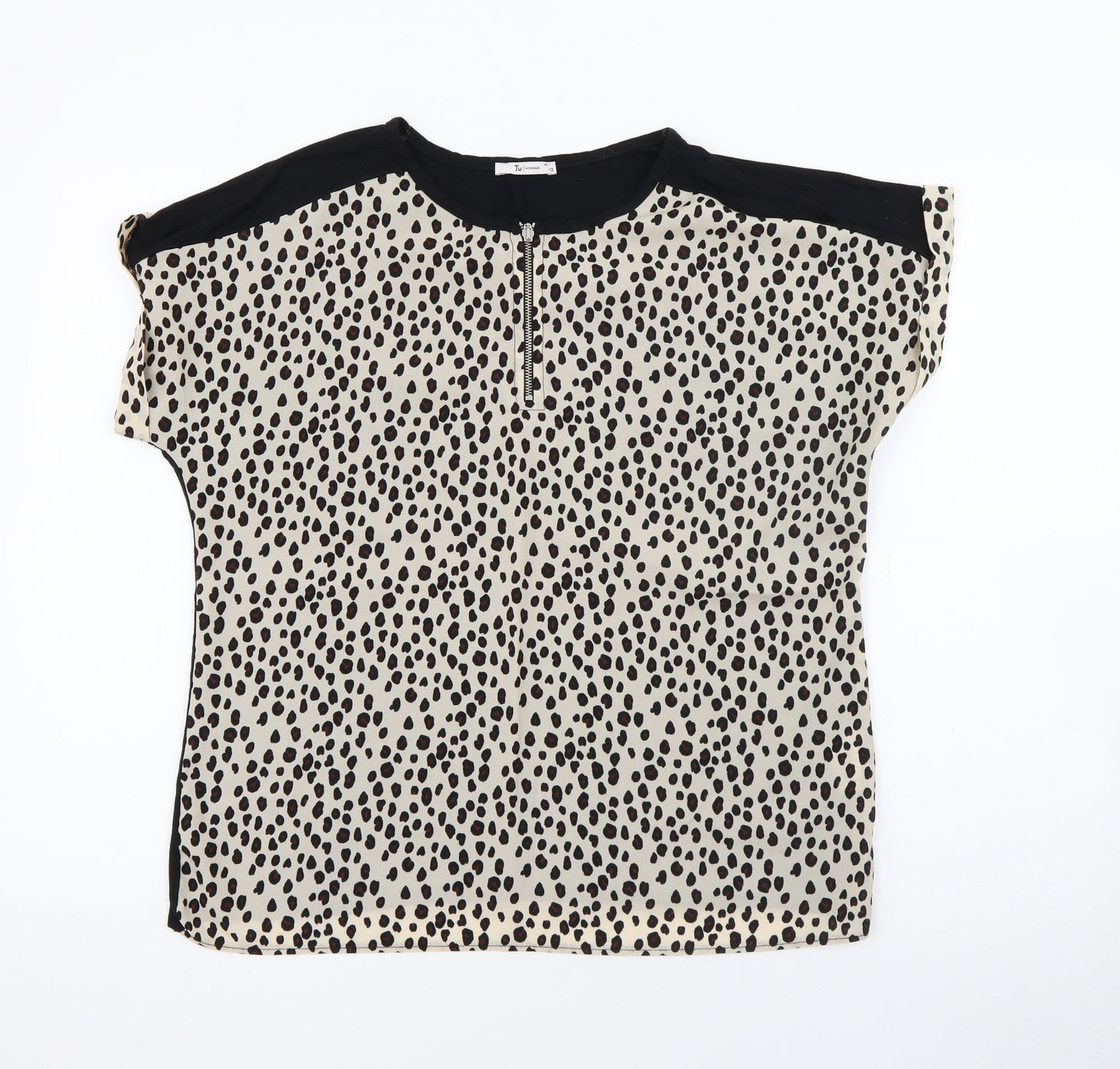 TU Womens Beige Animal Print Viscose Basic Blouse Size 12 Crew Neck