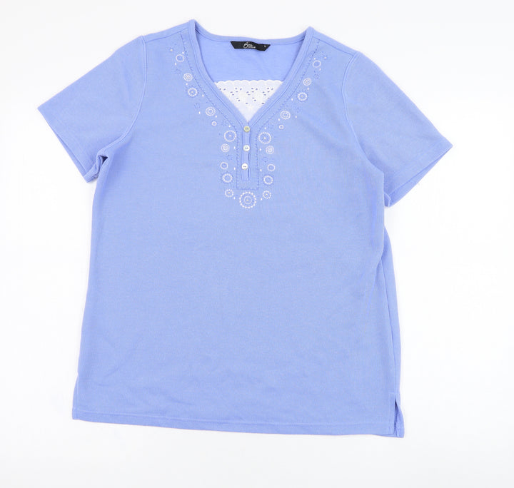 BM Womens Blue Polyester Basic T-Shirt Size S V-Neck