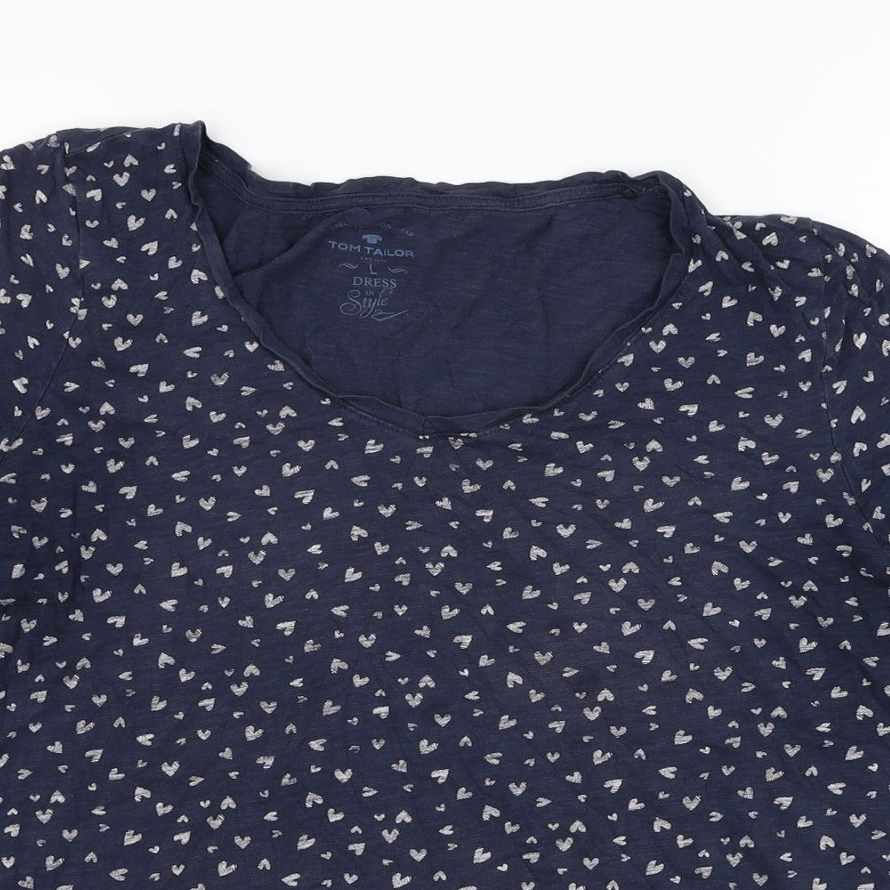 TOM TAILOR Womens Blue  Cotton Basic T-Shirt Size L Round Neck - Heart