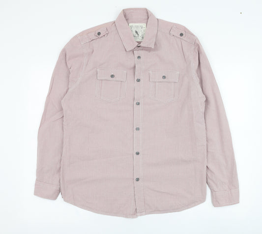 Front view of Red Herring men’s red check cotton button-up, size L, collared button