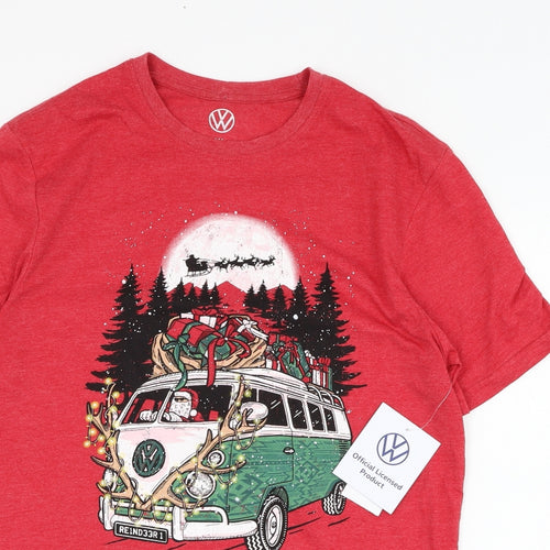 F&F Mens Red  Polyester  T-Shirt Size S Round Neck  - Volkswagen Camper Van, Christmas