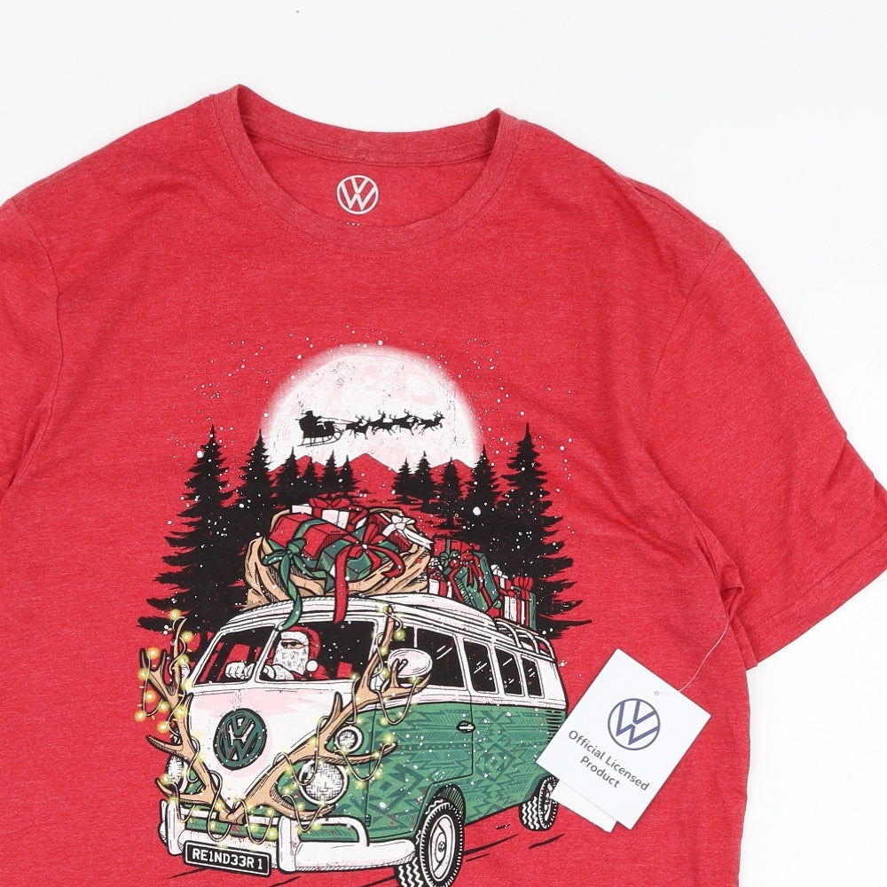 F&F Mens Red  Polyester  T-Shirt Size S Round Neck  - Volkswagen Camper Van, Christmas