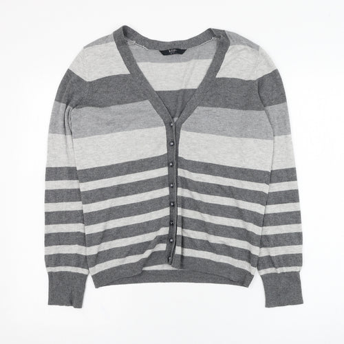 BHS Womens Grey V-Neck Striped Viscose Cardigan Jumper Size 14