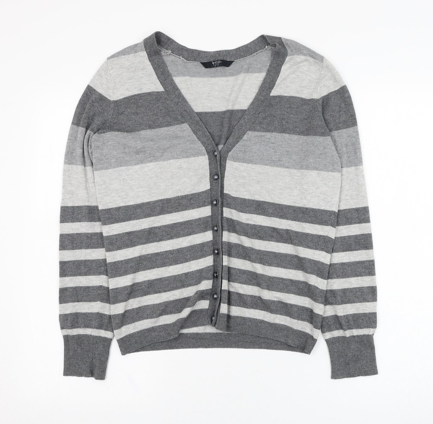 BHS Womens Grey V-Neck Striped Viscose Cardigan Jumper Size 14