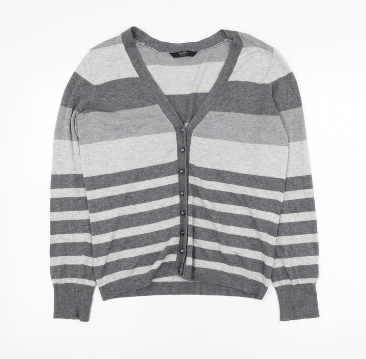 BHS Womens Grey V-Neck Striped Viscose Cardigan Jumper Size 14