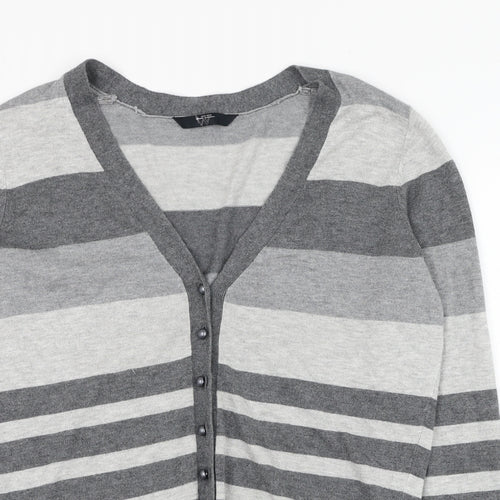 BHS Womens Grey V-Neck Striped Viscose Cardigan Jumper Size 14