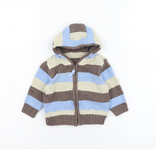 Front view of Mothercare boys’ brown striped cotton full zip jumper, size 3-6, months zip