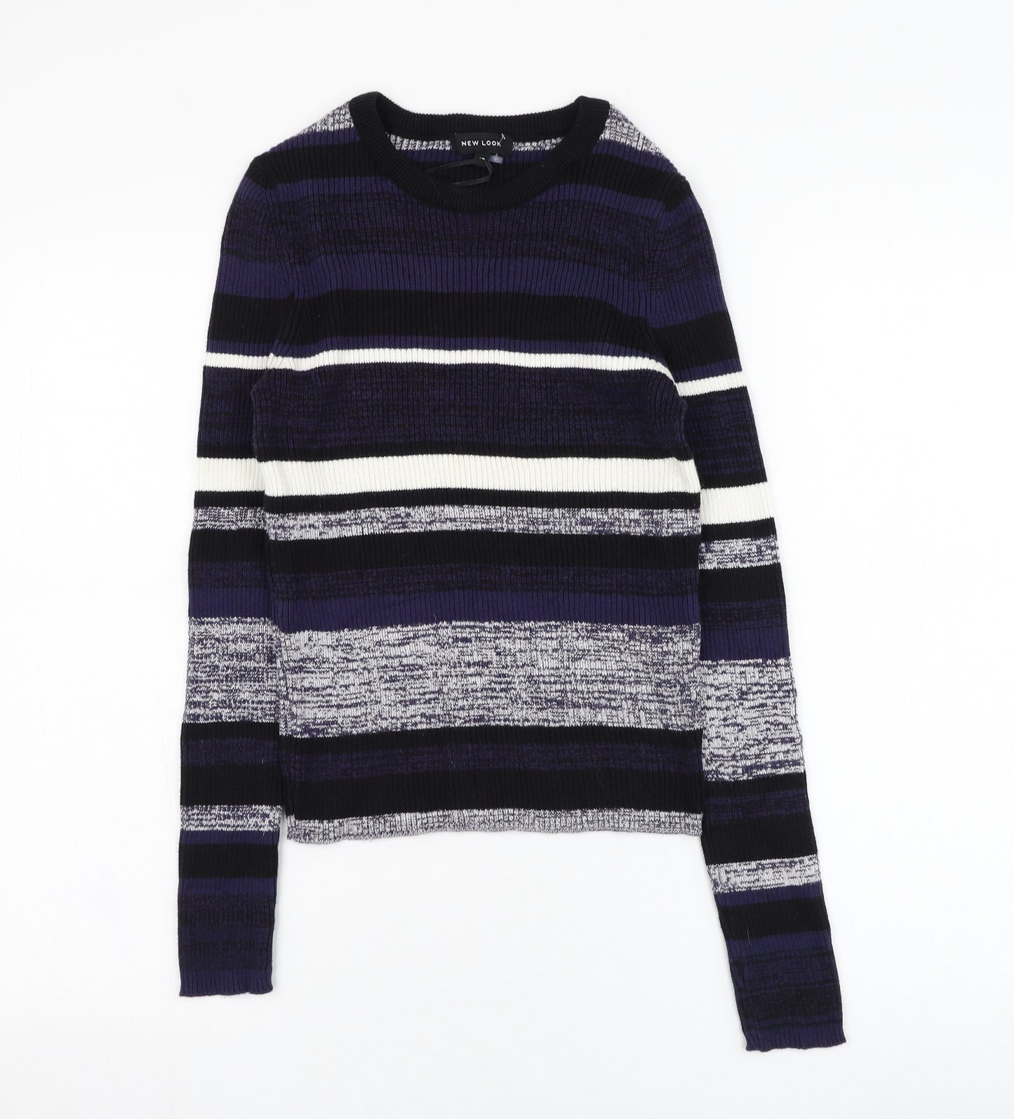 New Look Womens Blue Round Neck Striped Cotton Pullover Jumper Size 10