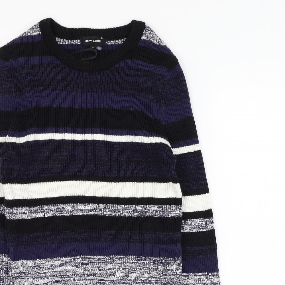 New Look Womens Blue Round Neck Striped Cotton Pullover Jumper Size 10
