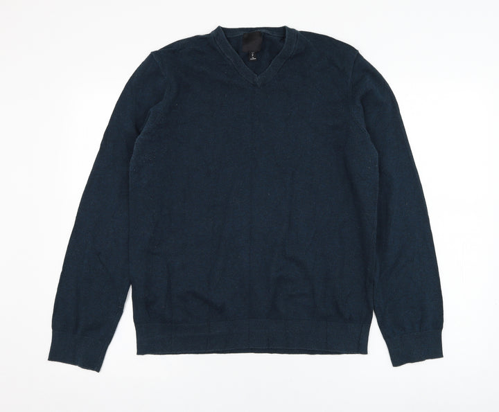 H&M Mens Green V-Neck Cotton Pullover Jumper Size M
