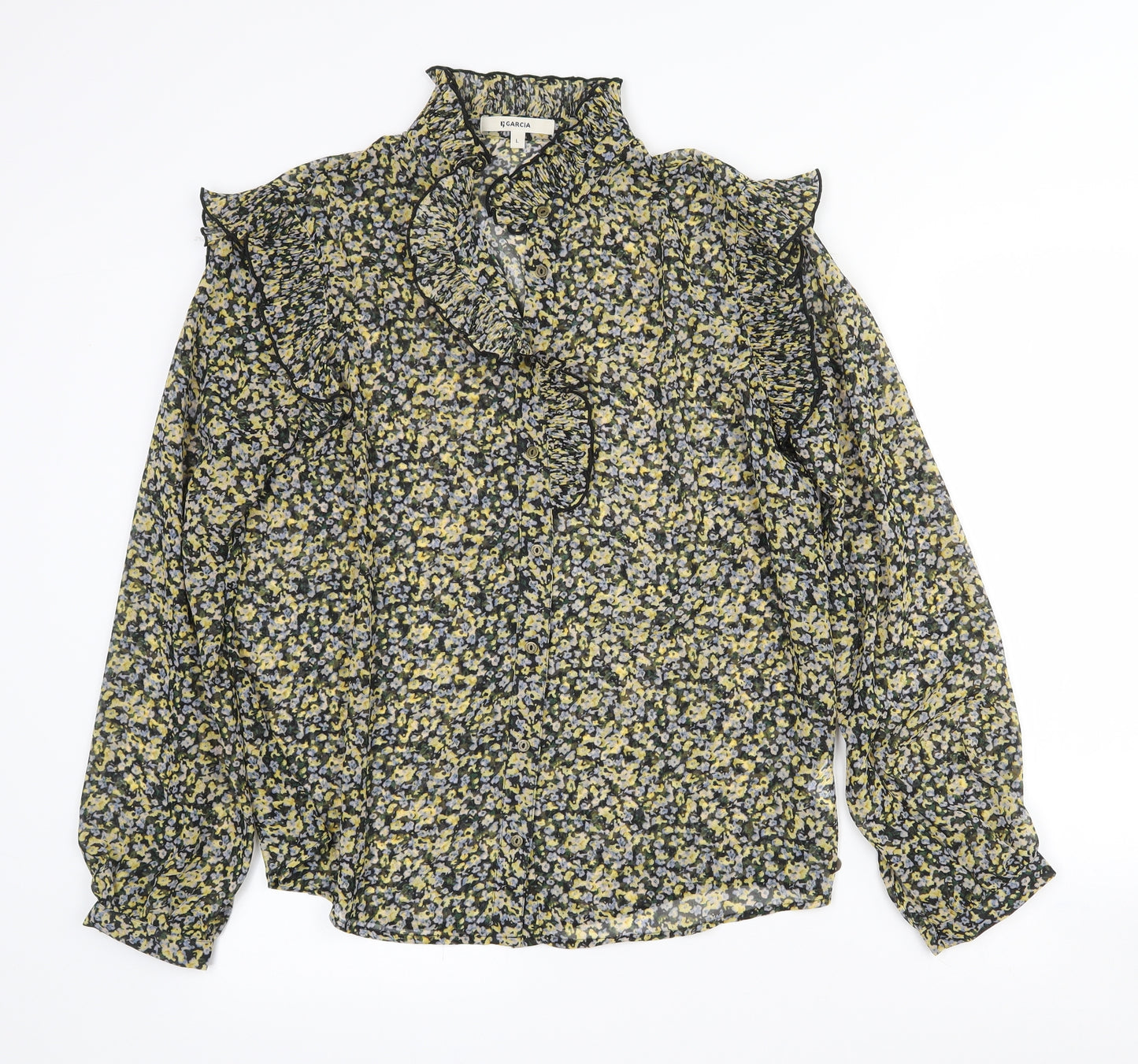 Garcia Womens Yellow Floral Polyester Basic Blouse Size L Collared - Sheer
