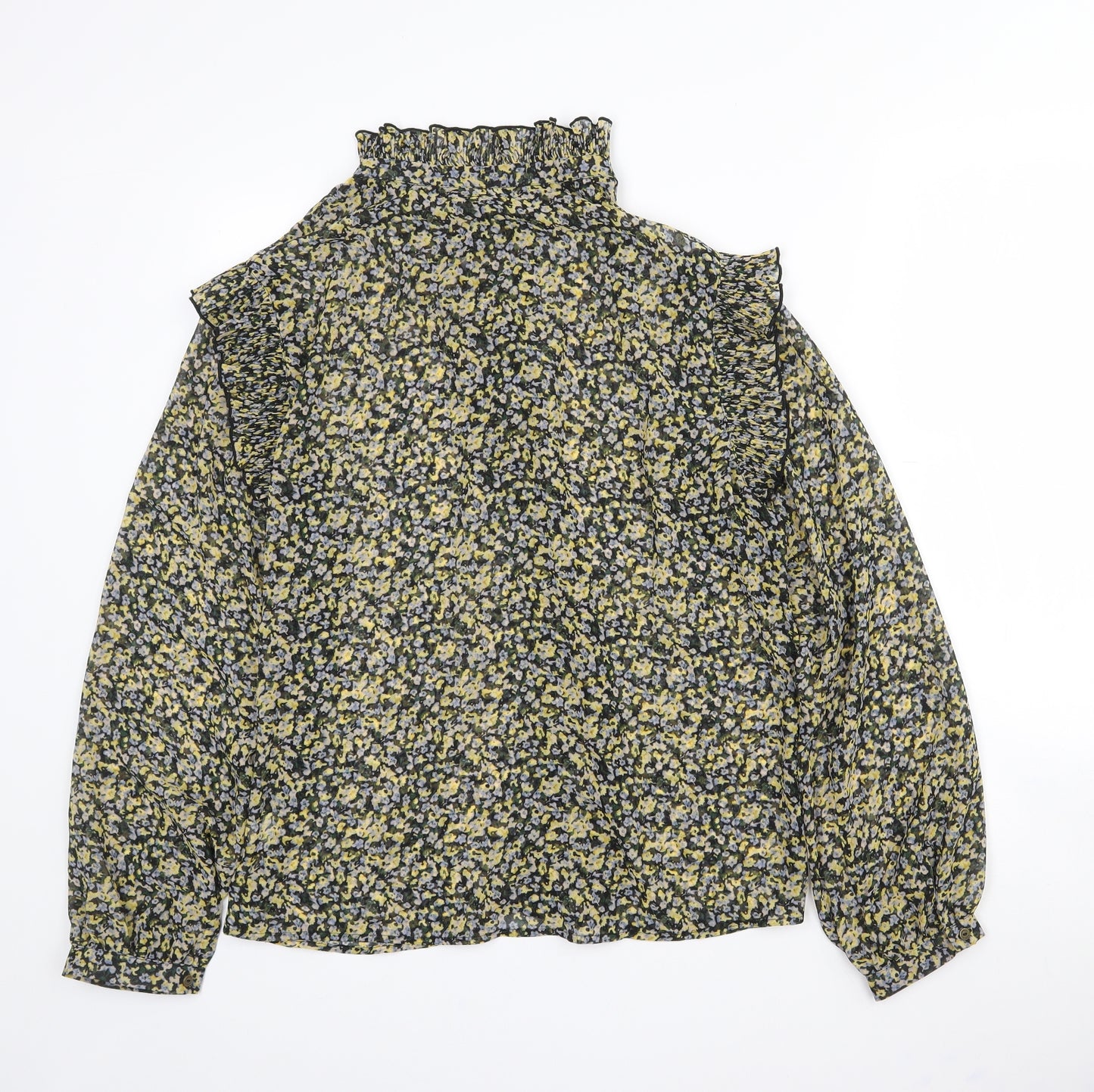 Garcia Womens Yellow Floral Polyester Basic Blouse Size L Collared - Sheer