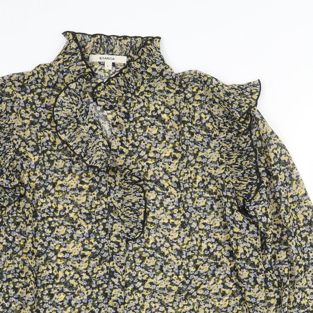 Garcia Womens Yellow Floral Polyester Basic Blouse Size L Collared - Sheer