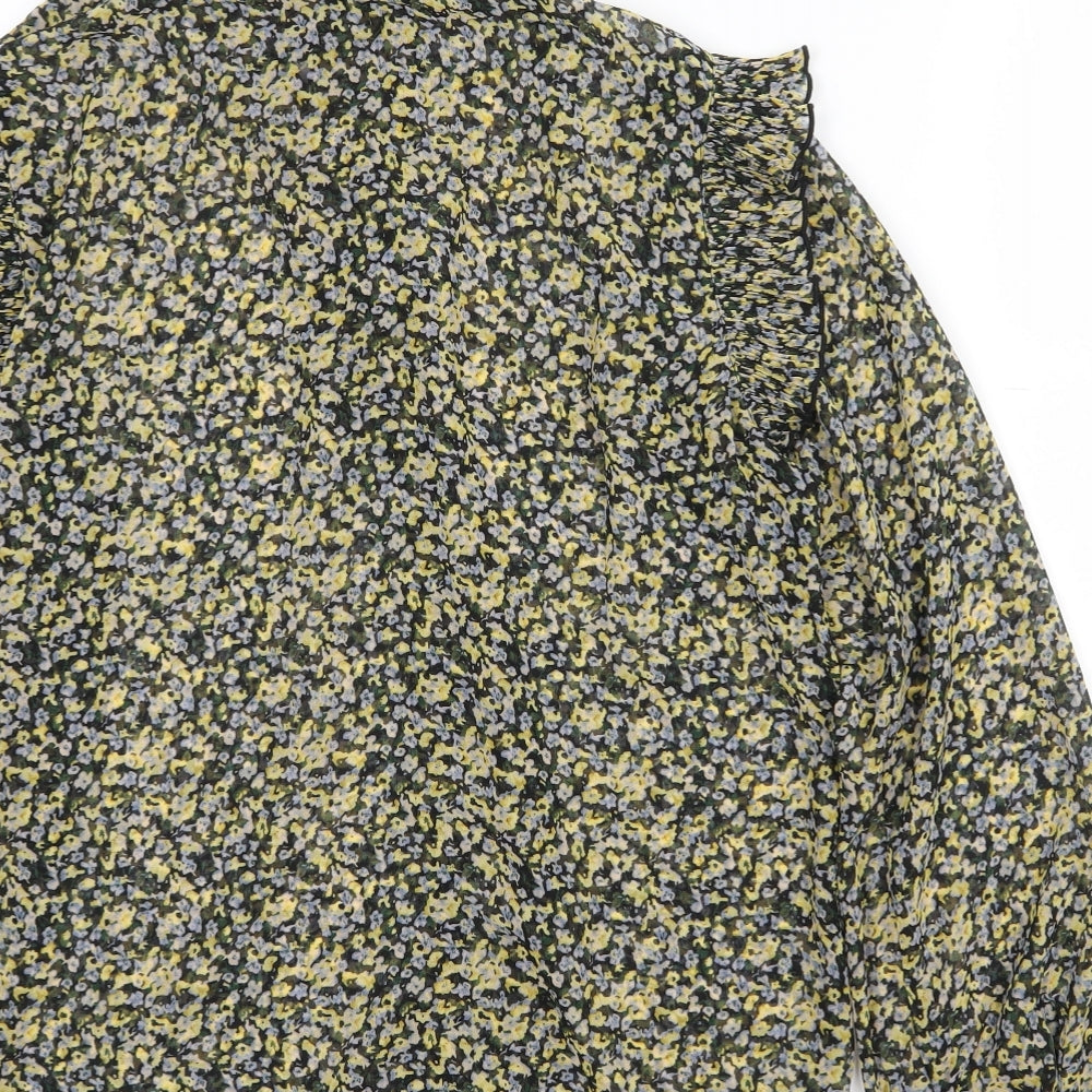 Garcia Womens Yellow Floral Polyester Basic Blouse Size L Collared - Sheer